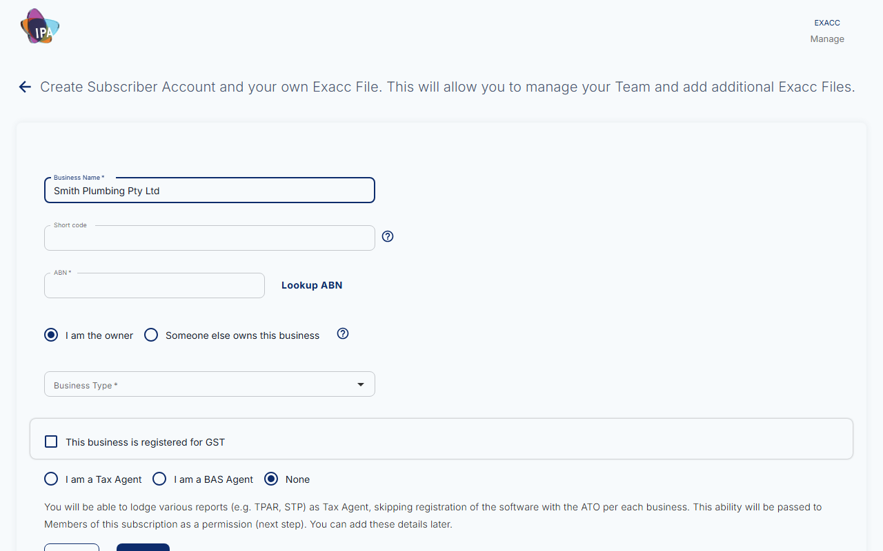 Create Subscriber Account and your own Exacc File form