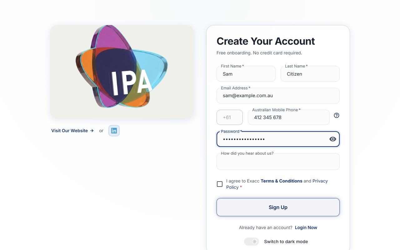 The Create Your Account form on my.exacc.au