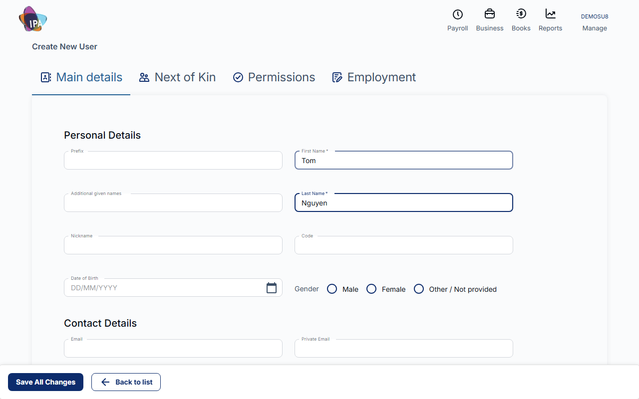 Create New User: Main details
