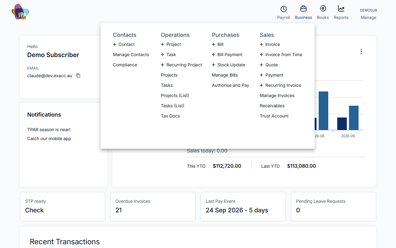 Business menu, Sales section, Invoice