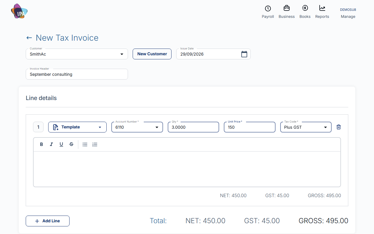 Line details with account, quantity, price and tax code