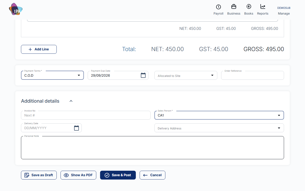 Payment terms and the Additional details box