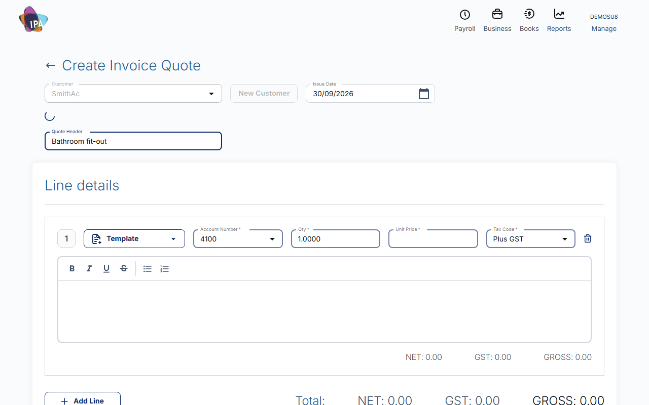Create Invoice Quote form