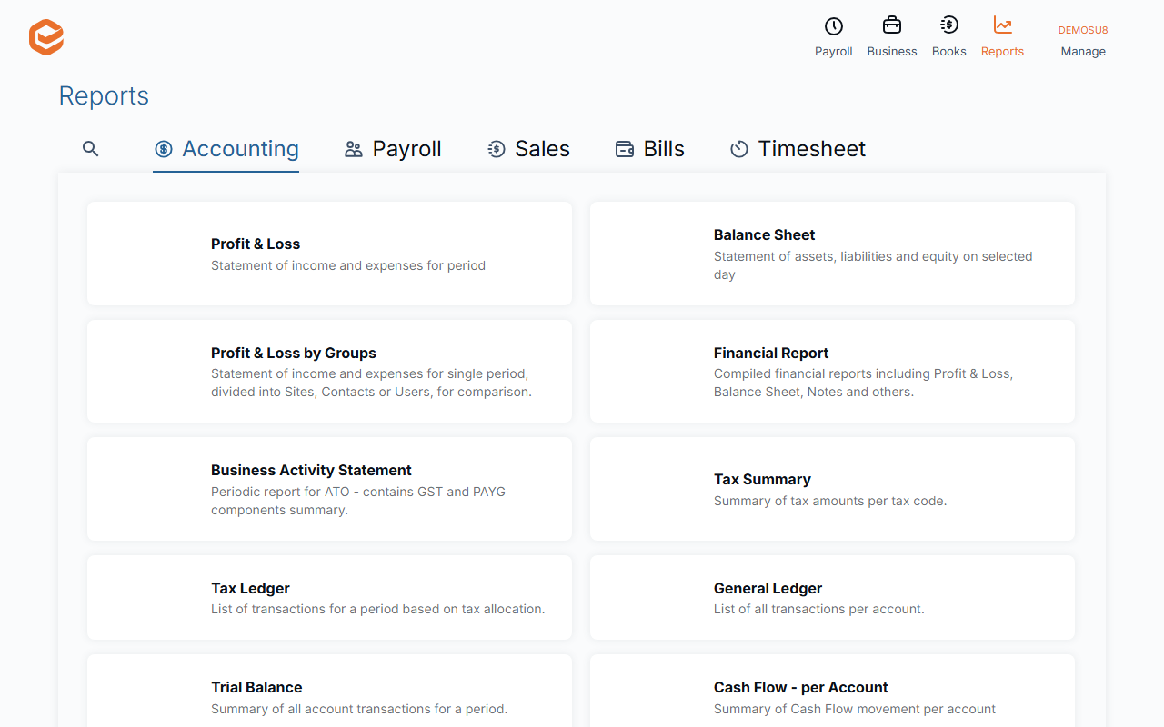 Reports, Accounting tab with Financial Report