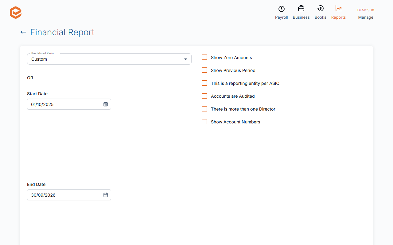 Financial Report options