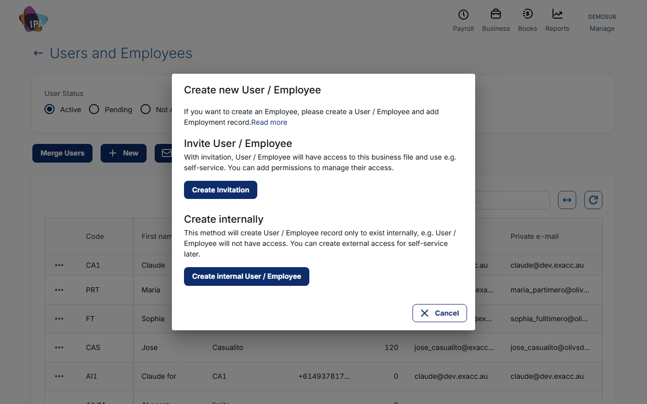Users and Employees with the Create new User / Employee dialog