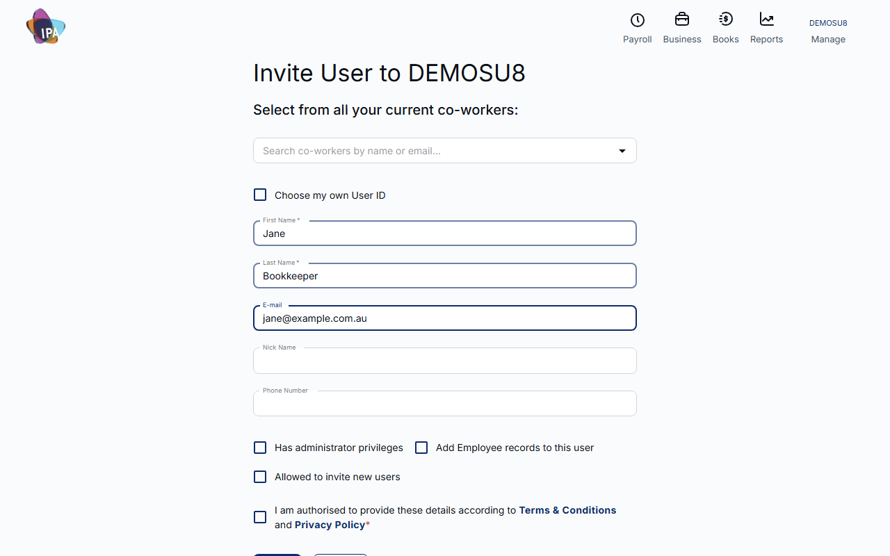 The Invite User form
