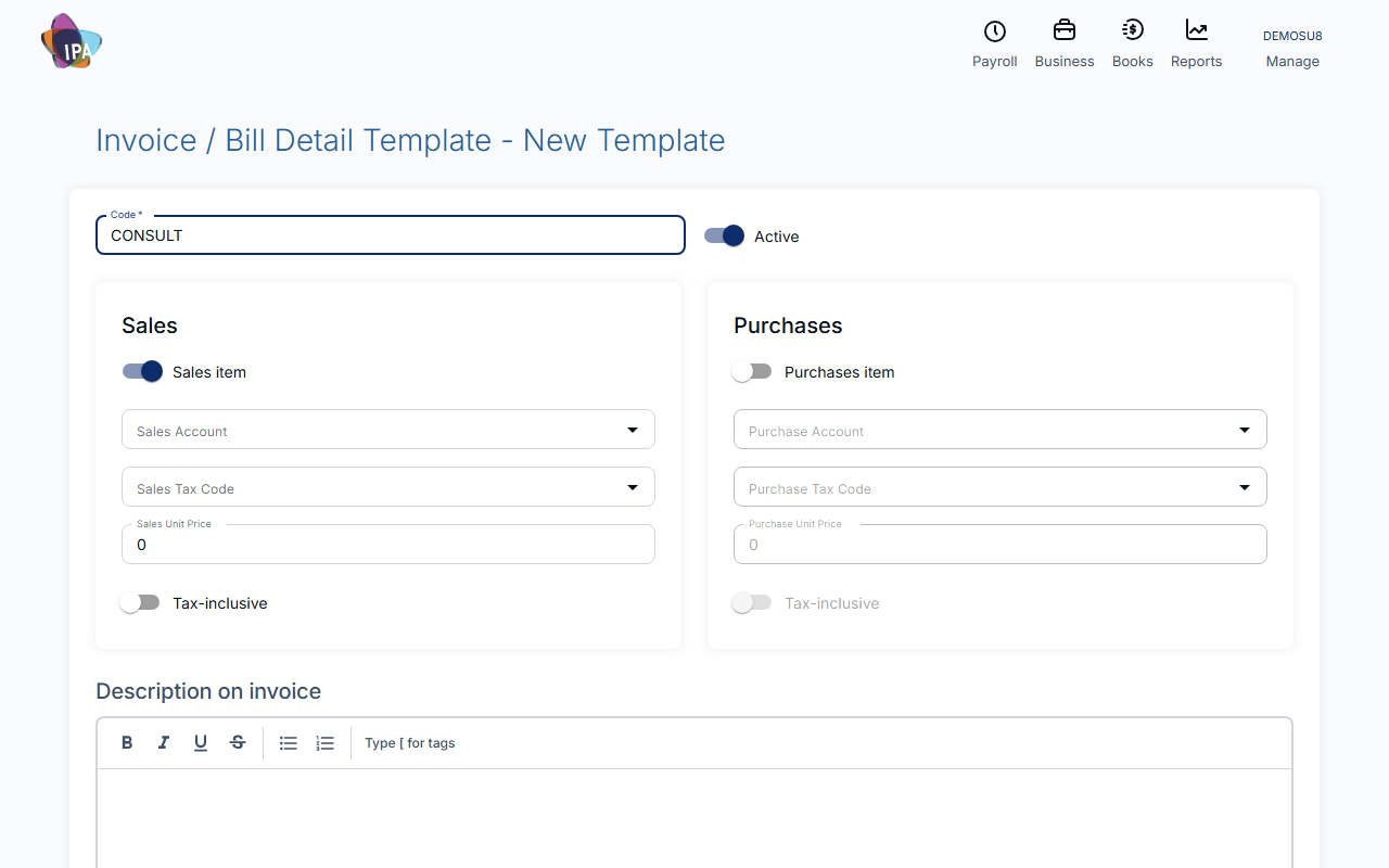 Invoice / Bill Detail Template form