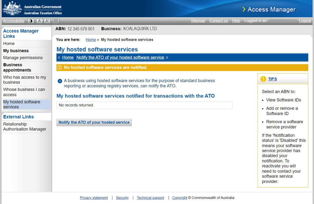 ATO Access Manager: My hosted software services (ATO sample business)