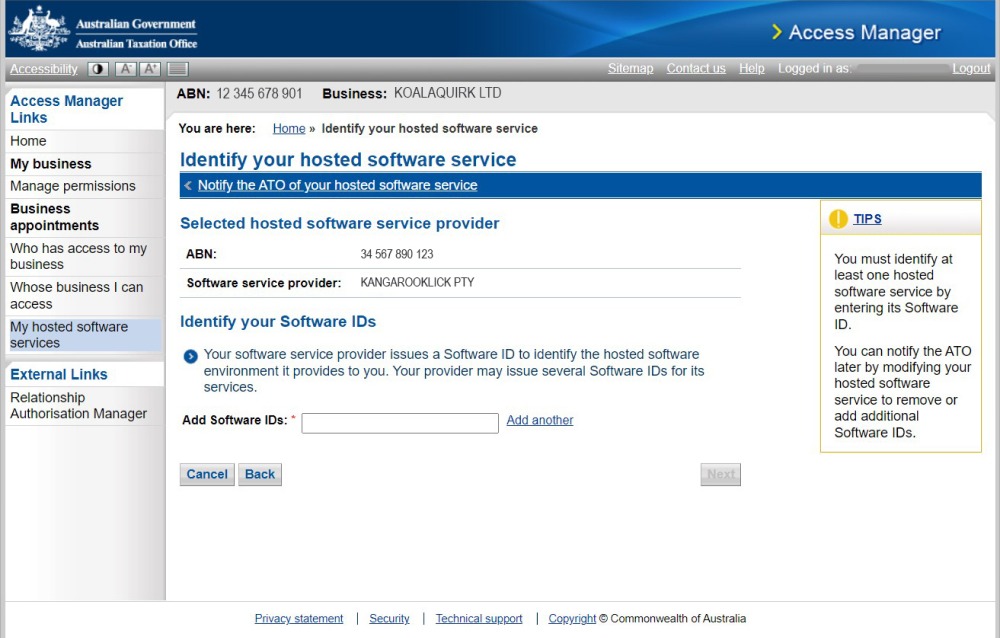 ATO Access Manager: Identify your Software IDs (ATO sample business)