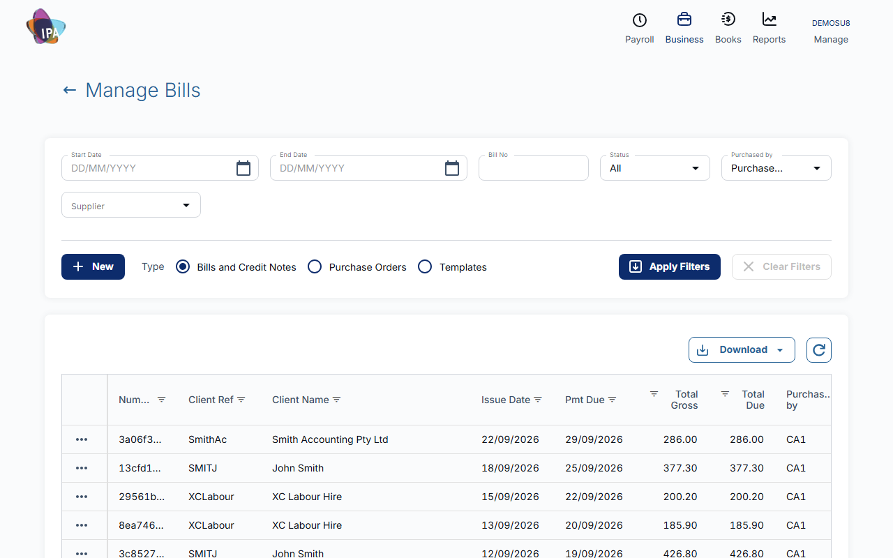 Manage Bills with filters and the bills list