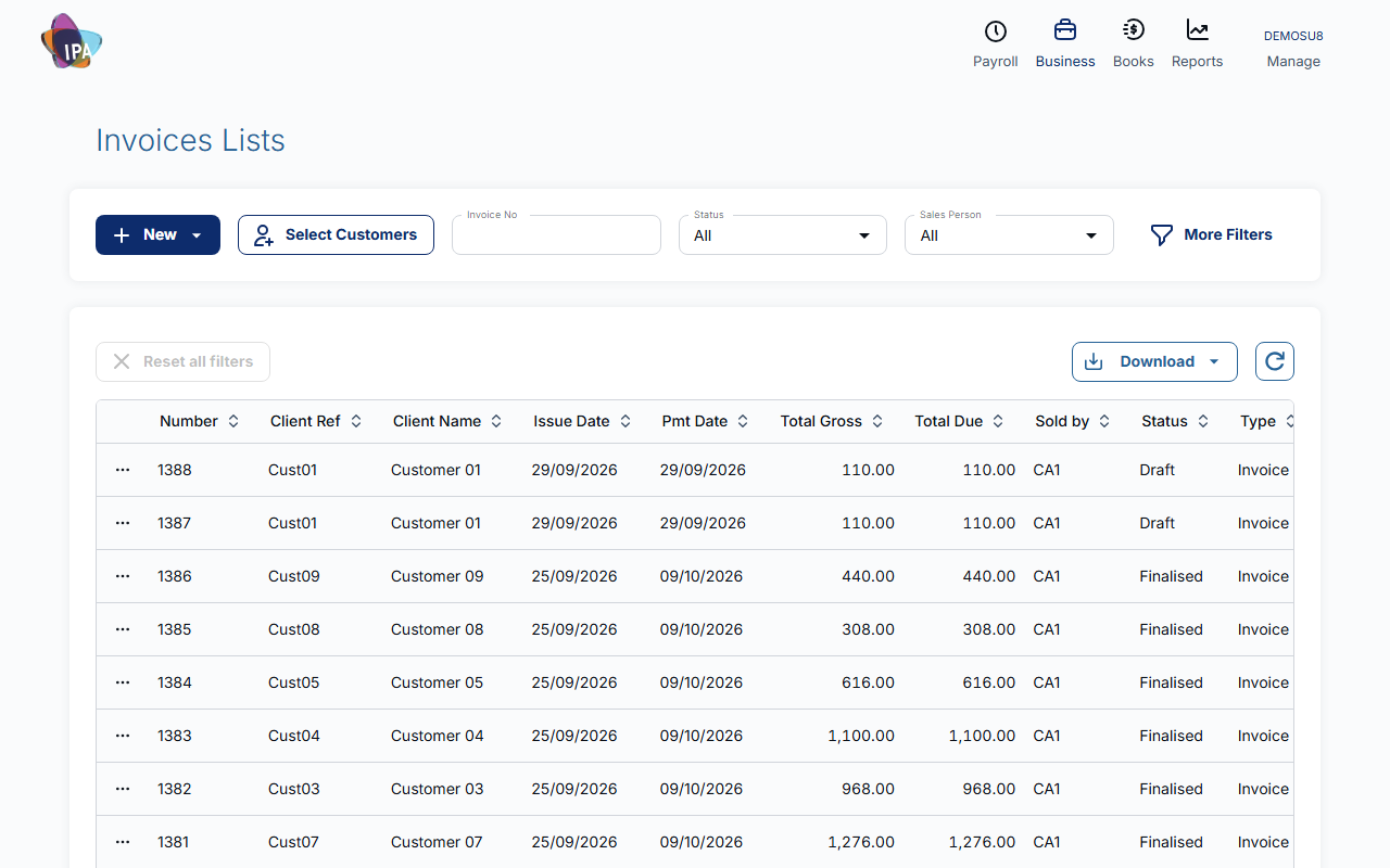 Invoices Lists with filters and columns