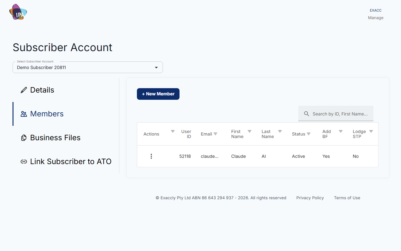 Subscriber Account: Members tab