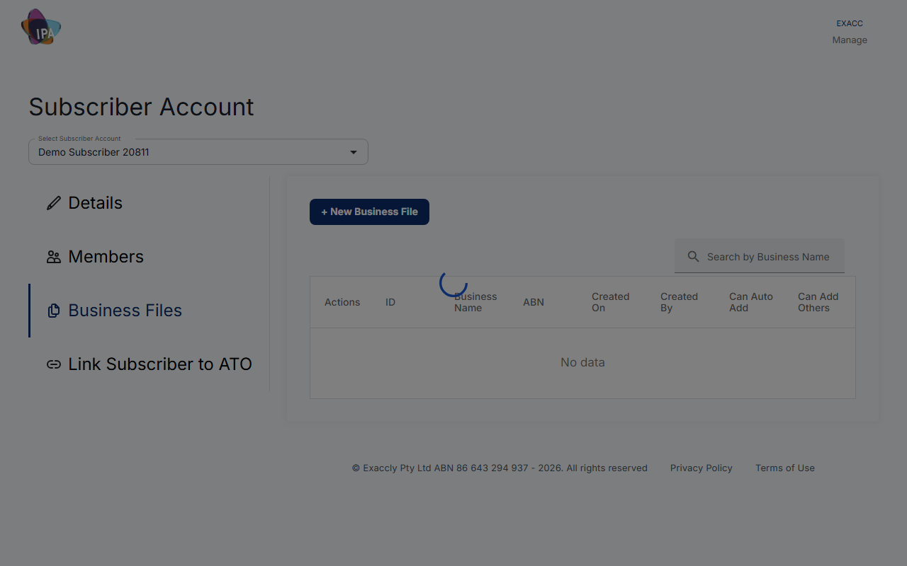 Subscriber Account: Business Files tab