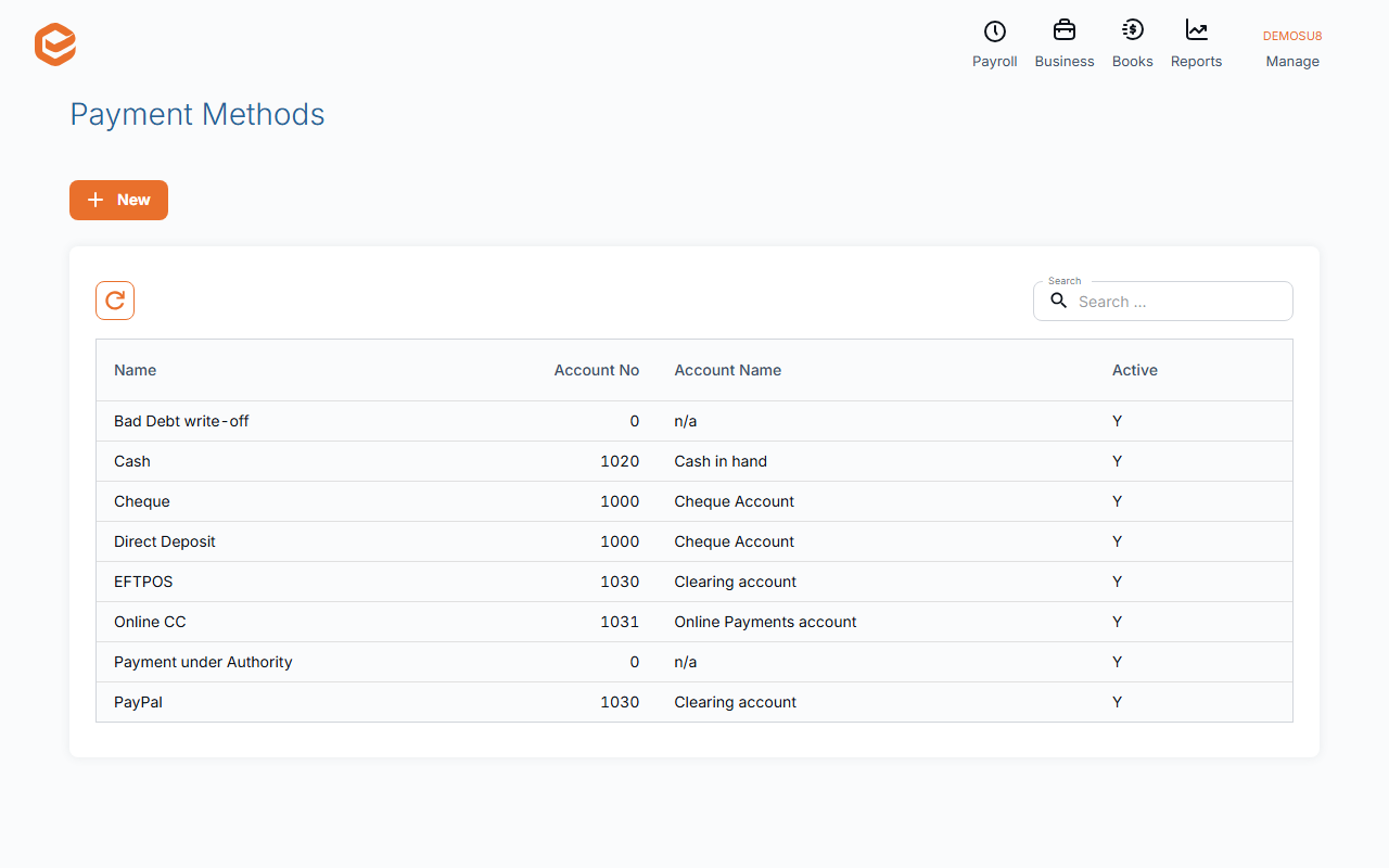 Payment Methods list