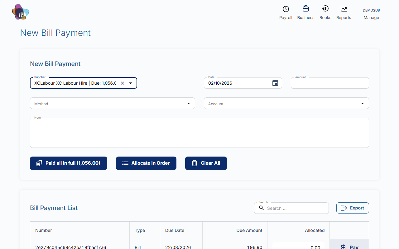 New Bill Payment with the supplier's bills
