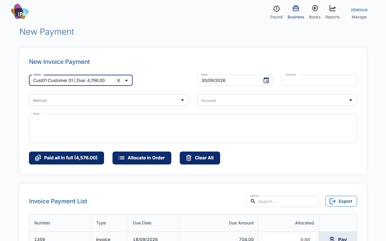 New Invoice Payment with the allocation list