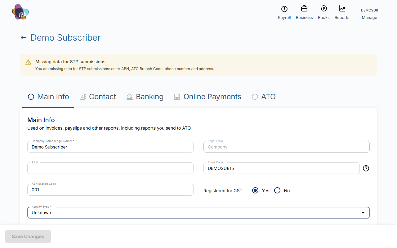 Business Details: Main Info tab