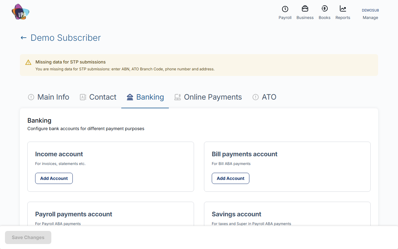 Business Details: Banking tab with four account cards
