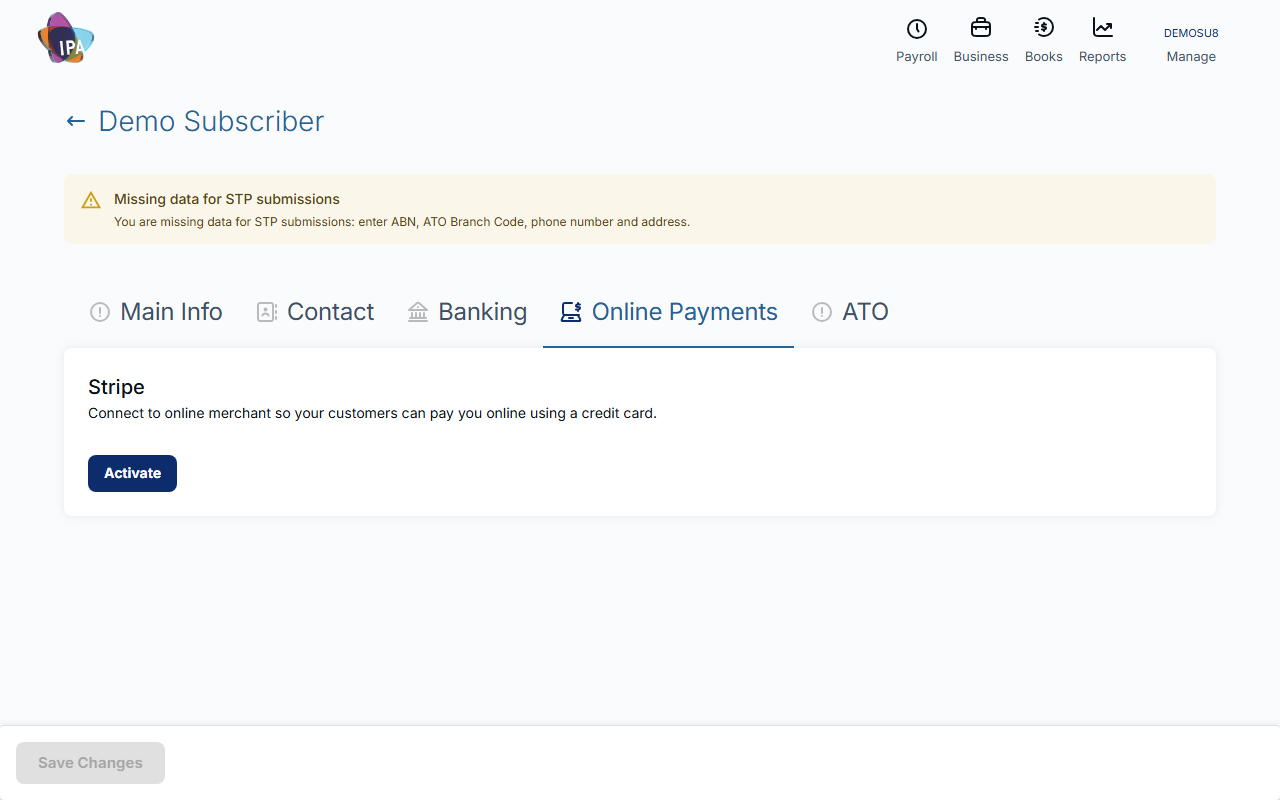 Business Details: Online Payments tab